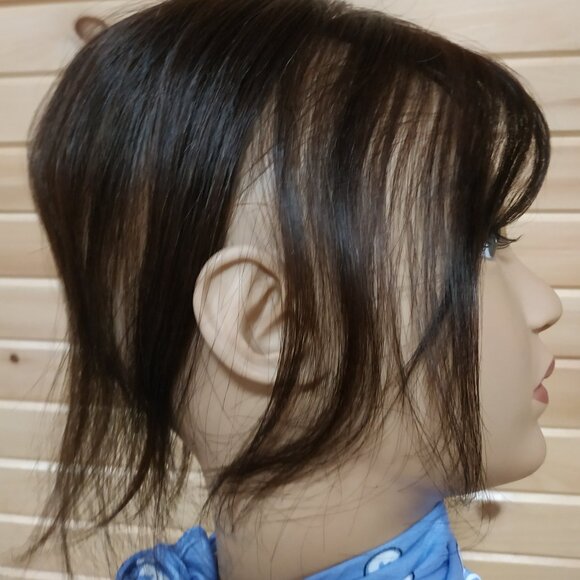 Real Human Hair Topper with Bangs, 10" Cocoa Brown - Picture 2 of 7